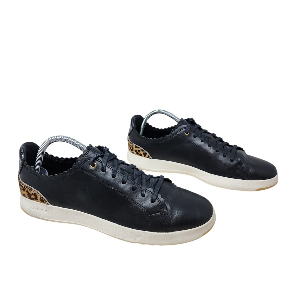 Cole Haan Grand OS Sneakers 10B Women‎ Crosscourt Scallop Black Leopard Leather